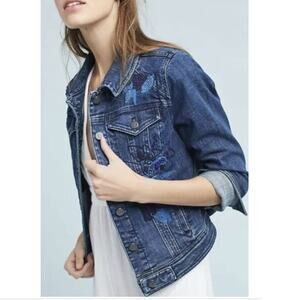 Anthropologie Pilcro and the Letterpress Floral Embroidered Beaded Jean Jacket